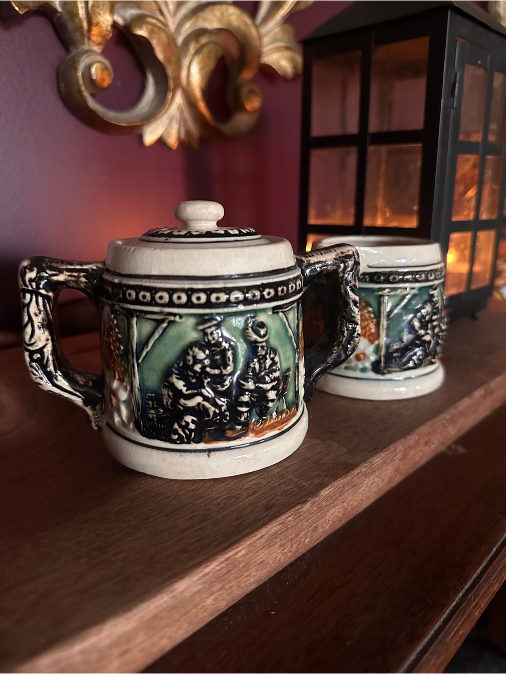 MCM 1950s German Alpine Hand-Painted Ceramic Creamer and Sugar Set